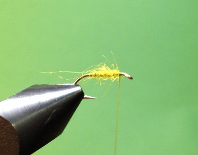 3.Bindeschritt:<br />Körper "aufdubben", d.h. einen schönen grazilen Köper herstellen. ACHTUNG weniger ist MEHR! <br />Um eine schöne Behechelung zu gewährleisten kann man mit den Dubbing eine "kleine" Dubbing-Knospe am Vordersten Teil den Körpers aufbinden.